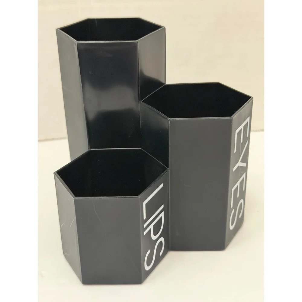 Makeup Brush Holder 3 Tier Organizer Black Hexagonal Lips Face Eyes Black